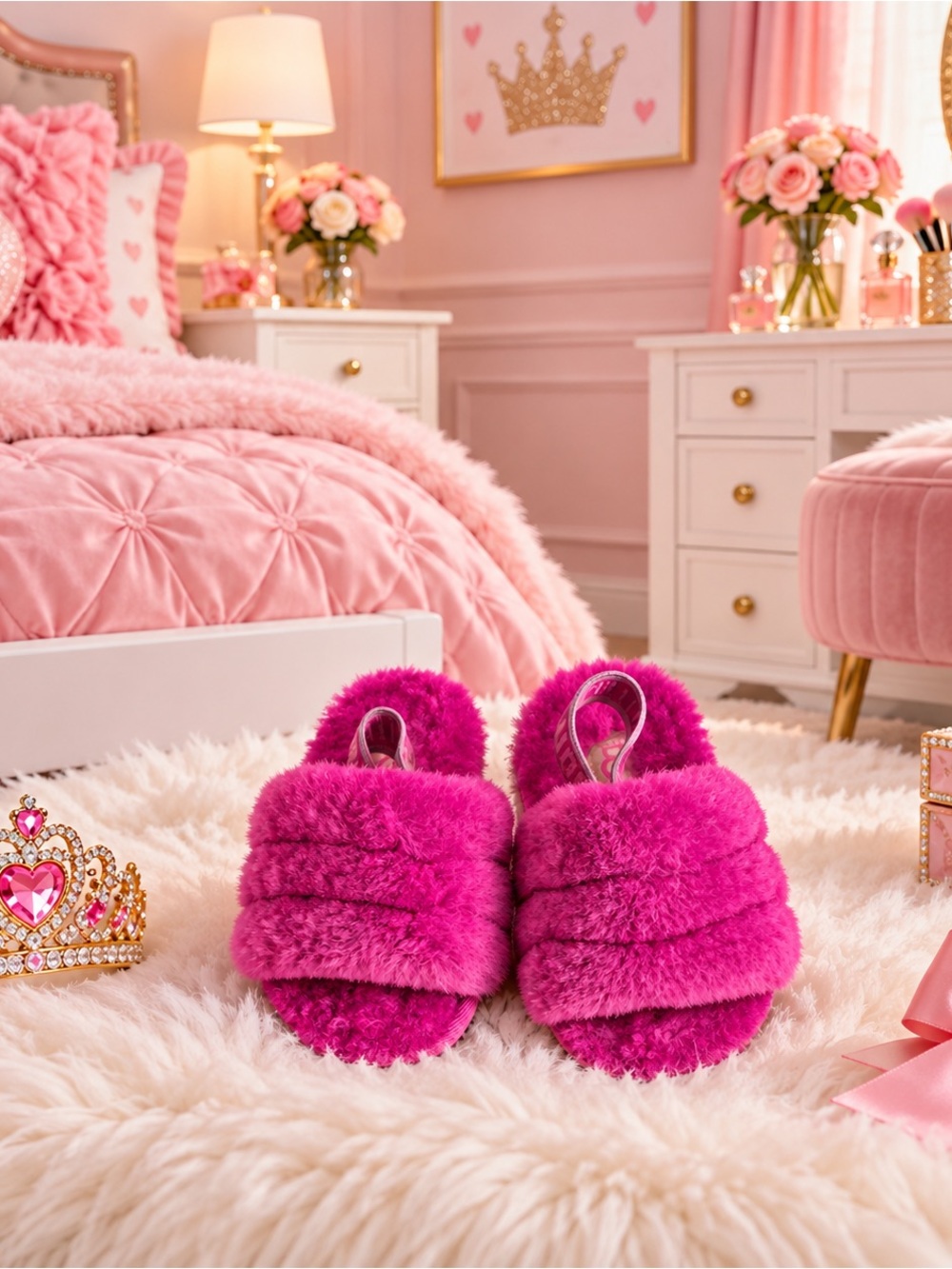 Plush Fuchsia kids Slide Slippers
